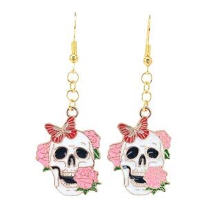 Pink Rose Skull Earrings with Butterfly 💀🌸🦋